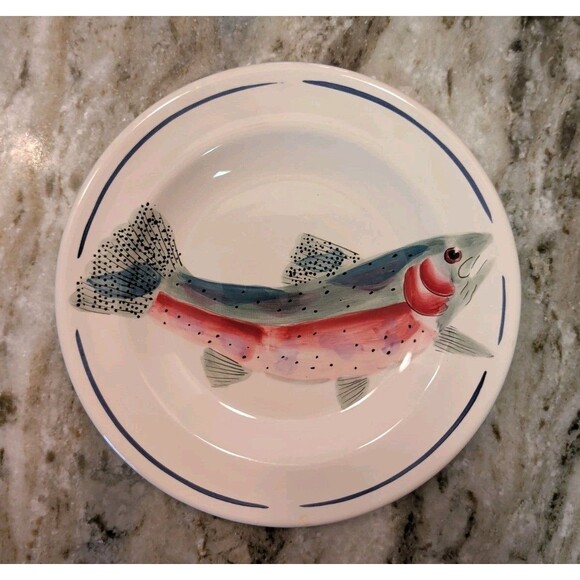 VINTAGE SARAH PETERSON RAINBOW TROUT SERVING PLATE 9” SIGNED CARLISLE HARTSTONE - Picture 1 of 5